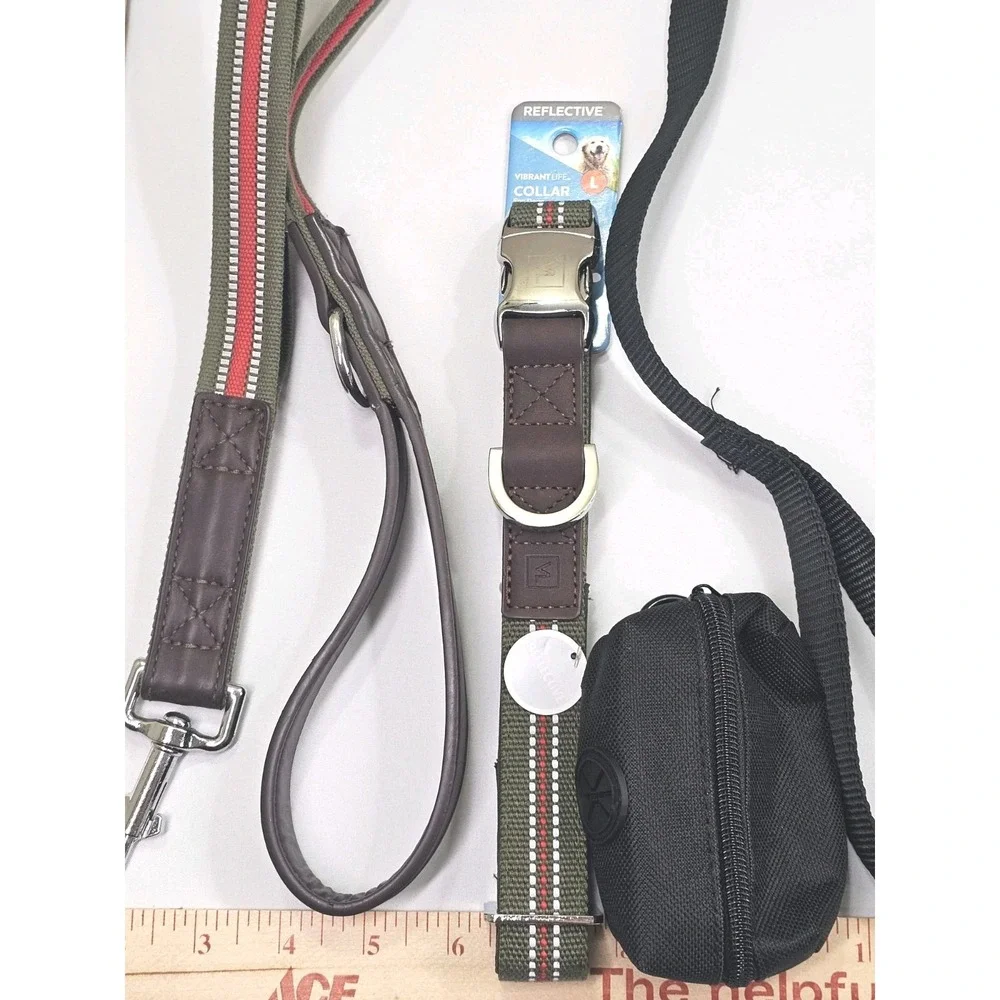 7 Piece Dog Lot Small/Large Breed Size 2 Leashes 3 Collars(1 New) Bag Holder Toy